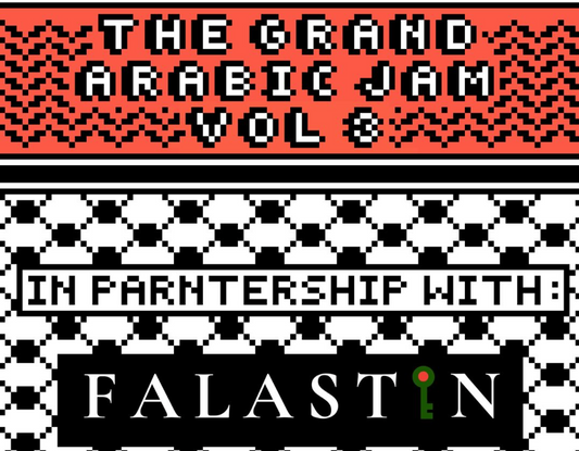 The Grand Arabic Jam Vol. 3 event poster featuring keffiyeh patterns and bold text announcing FALASTIN’s partnership. Cultural music event supporting Palestine and the Palestinian cause through art and solidarity.