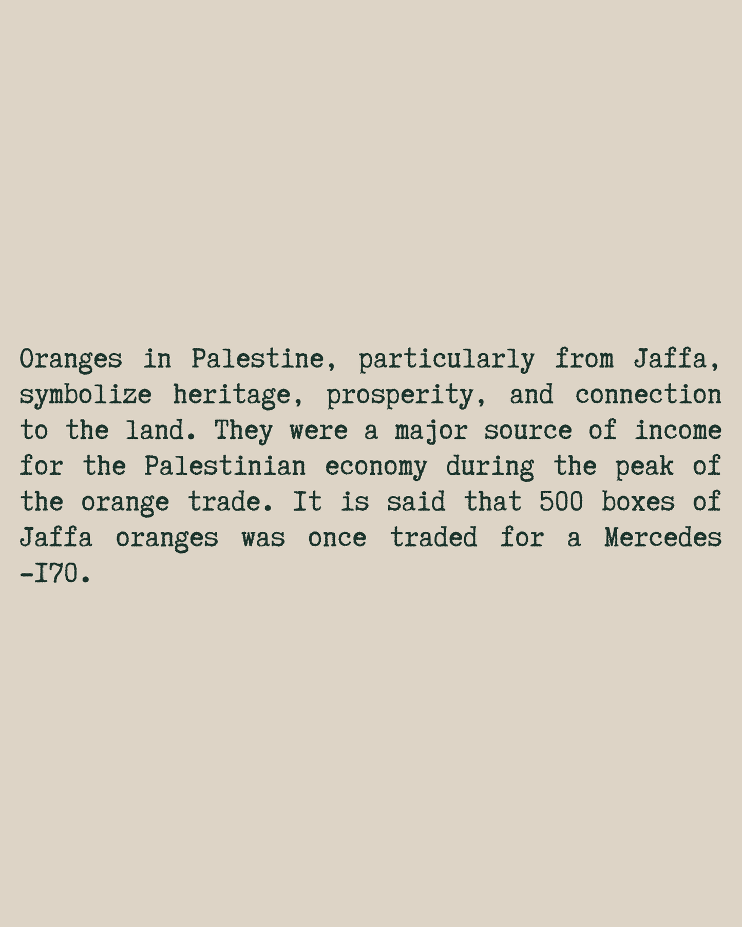 Jaffa Orange T-Shirt – typewriter text close-up, beige colorway