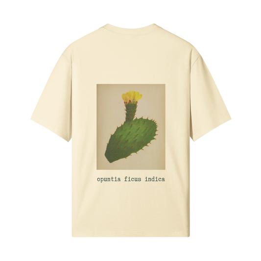 Back view of beige Cactus Flower T-Shirt featuring Palestinian historical botanical illustration of Opuntia ficus-indica (الصبّار) - the sabr cactus