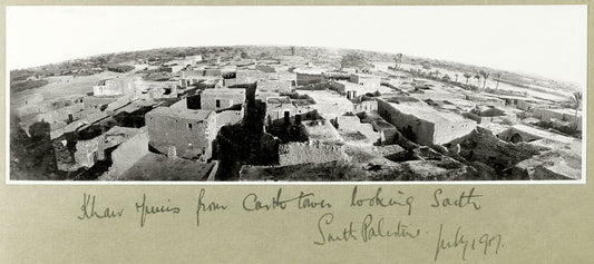 Khan Yunis photographed from the tower of its Mamluk castle in July 1917, flat-roofed houses and palm trees spreading out across the southern coastal plain