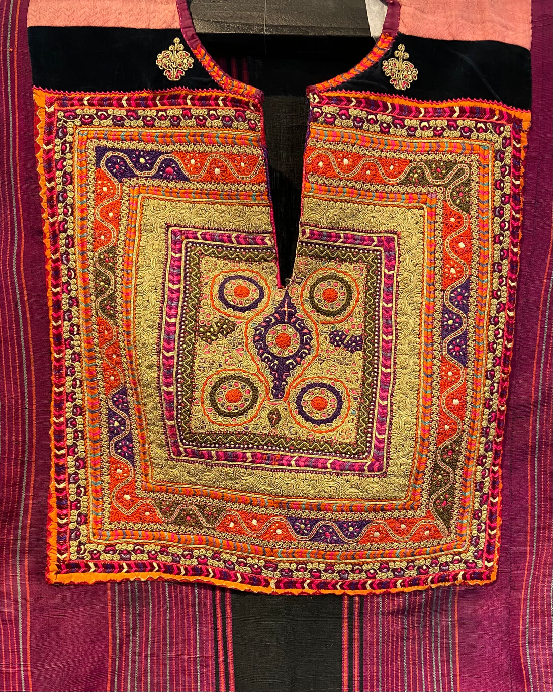Embroidered chest panel (qabbeh) from a Bethlehem Palestinian thobe, 1930s–1940s, showing dense traditional needlework