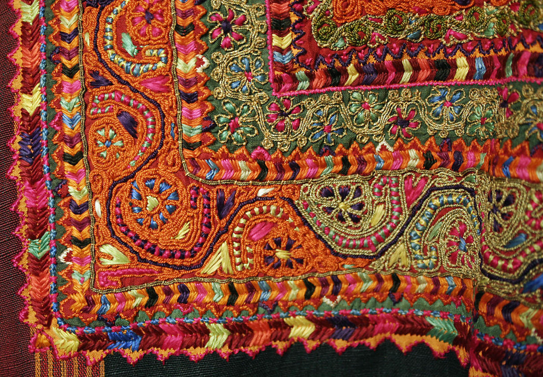 Nineteenth century Bethlehem dress embroidery worked in silk, silver and gold cord, showing the raised couched surface of tahriri