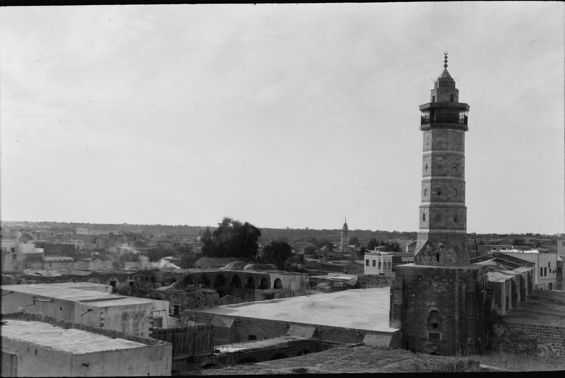 The Great Omari Mosque and its stone minaret rising above the rooftops of Gaza in the 1940s