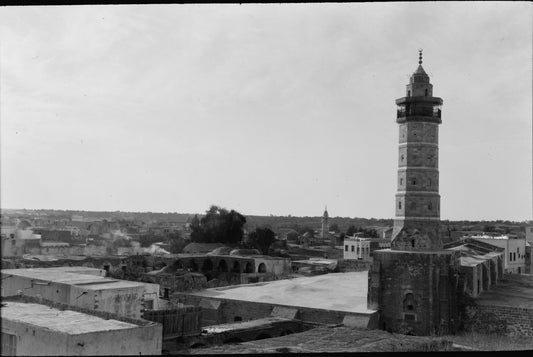 The Great Omari Mosque and its stone minaret rising above the rooftops of Gaza in the 1940s