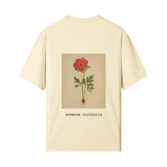 Flowers of Palestine t-shirt featuring the Palestinian poppy (khashkhash) from the 1876 botanical survey, FALASTIN collection