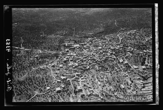 Black and white aerial photograph of Beit Jala, a densely built hillside town surrounded by terraced olive groves and vineyards