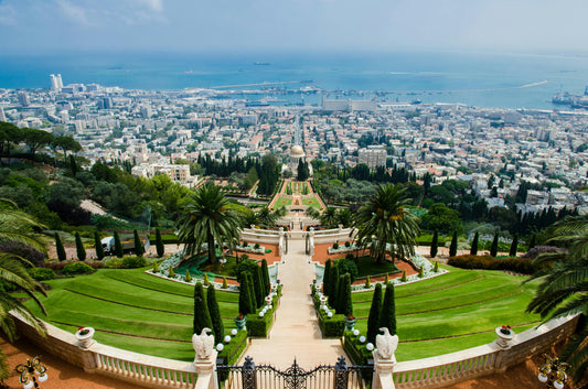 A stunning view of Haifa, Palestine, from the Bahá’í Gardens, FALASTIN celebrates Haifa’s rich heritage, preserving its history through Palestinian inspired designs.