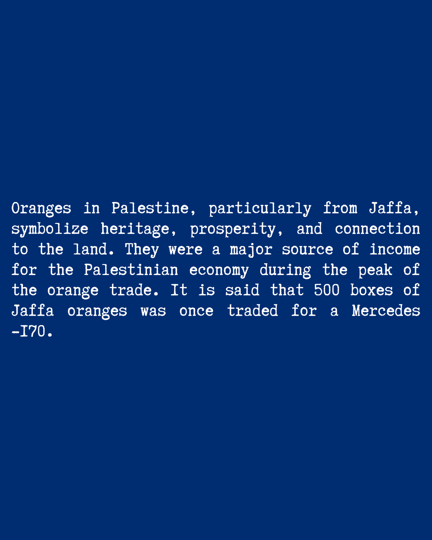 Jaffa Orange T-Shirt – typewriter text close-up, blue colorway