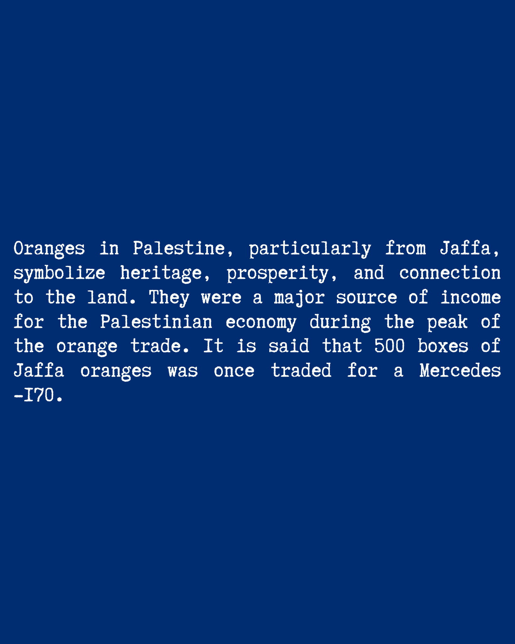 Jaffa Orange T-Shirt – typewriter text close-up, blue colorway