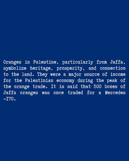 Jaffa Orange T-Shirt – typewriter text close-up, blue colorway