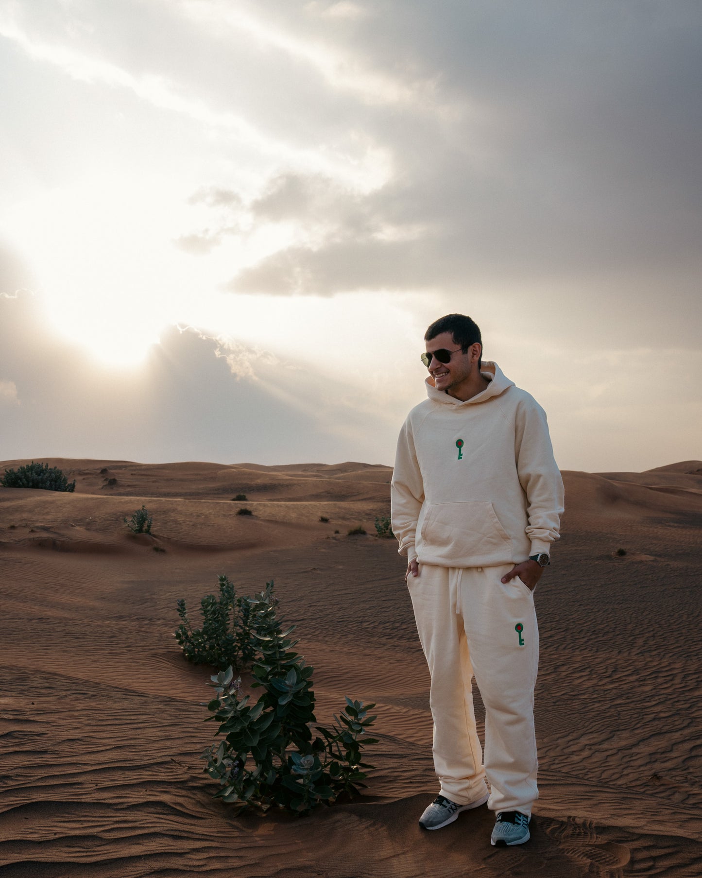 Person standing in a desert landscape with a plant wearing the FALASTIN Palestinian key of return sweat set.
