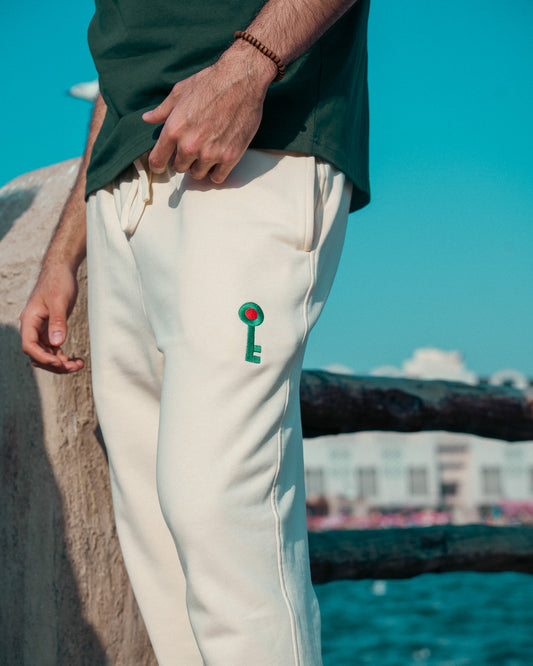 Person wearing beige pants with a Palestinian green key design, standing by a body of water.