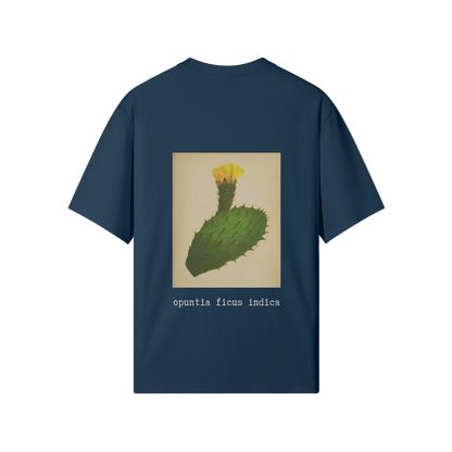 Back view of blue Cactus Flower T-Shirt featuring Palestinian historical botanical illustration of Opuntia ficus-indica (الصبّار) - the sabr cactus