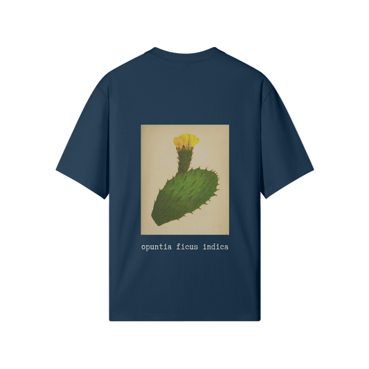 Back view of blue Cactus Flower T-Shirt featuring Palestinian historical botanical illustration of Opuntia ficus-indica (الصبّار) - the sabr cactus