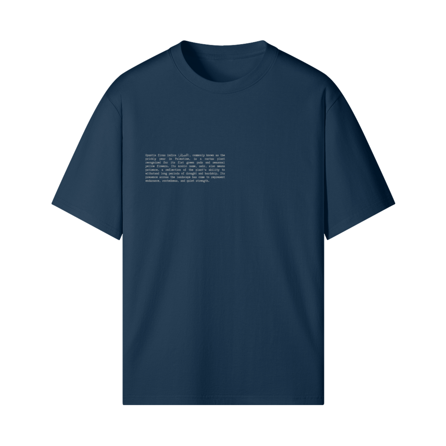 Front view of blue Cactus Flower T-Shirt featuring text description of Palestinian historical botanical Opuntia ficus-indica (الصبّار) - the sabr cactus