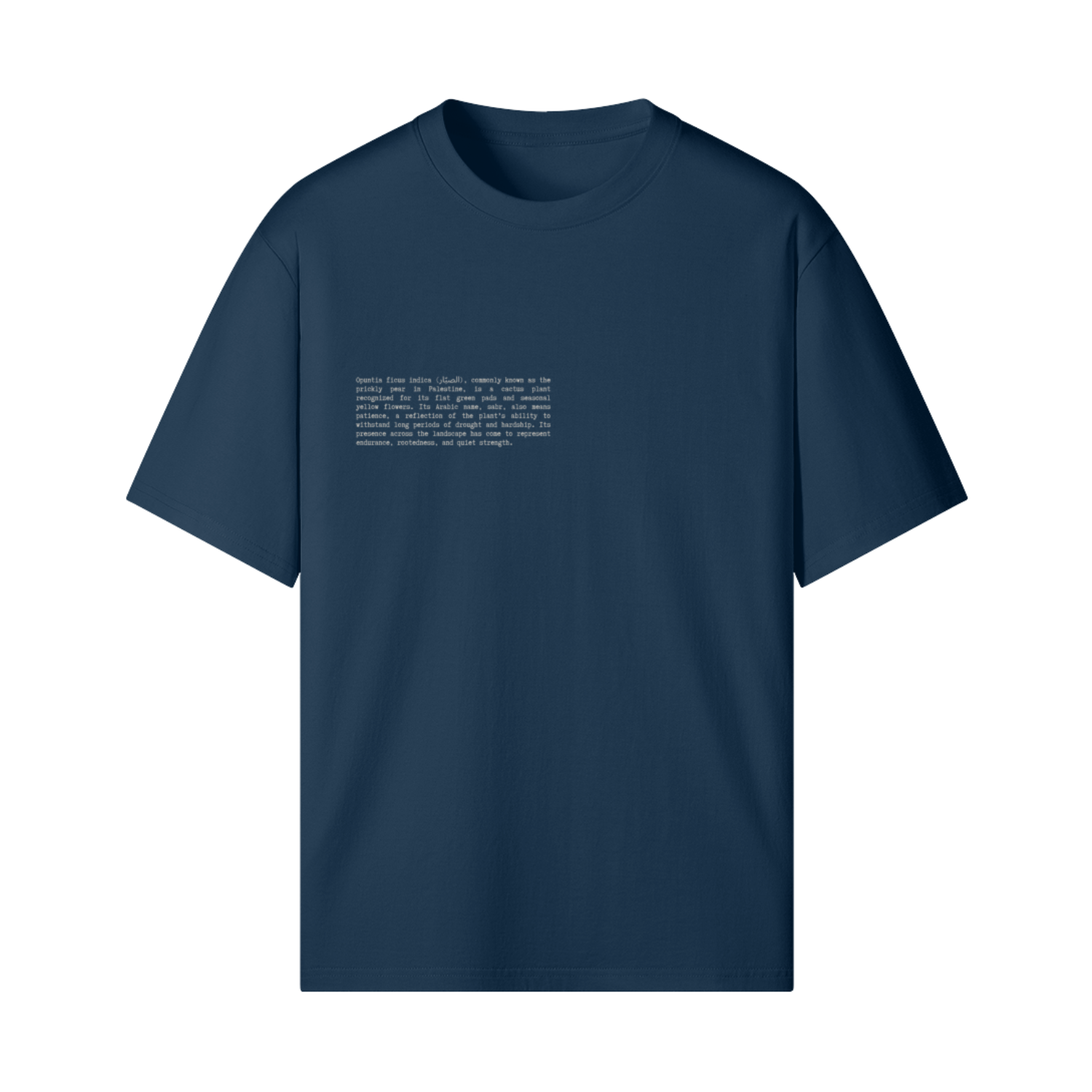 Front view of blue Cactus Flower T-Shirt featuring text description of Palestinian historical botanical Opuntia ficus-indica (الصبّار) - the sabr cactus