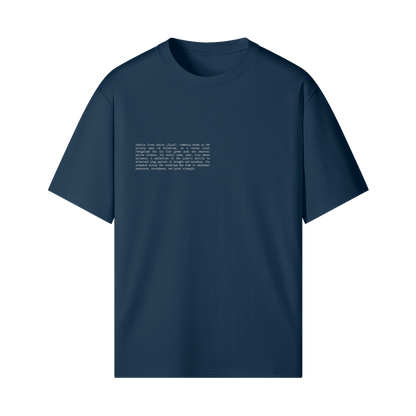 Front view of blue Cactus Flower T-Shirt featuring text description of Palestinian historical botanical Opuntia ficus-indica (الصبّار) - the sabr cactus
