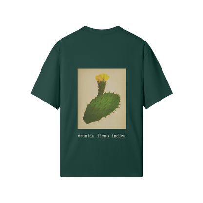 Back view of green Cactus Flower T-Shirt featuring Palestinian historical botanical illustration of Opuntia ficus-indica (الصبّار) - the sabr cactus