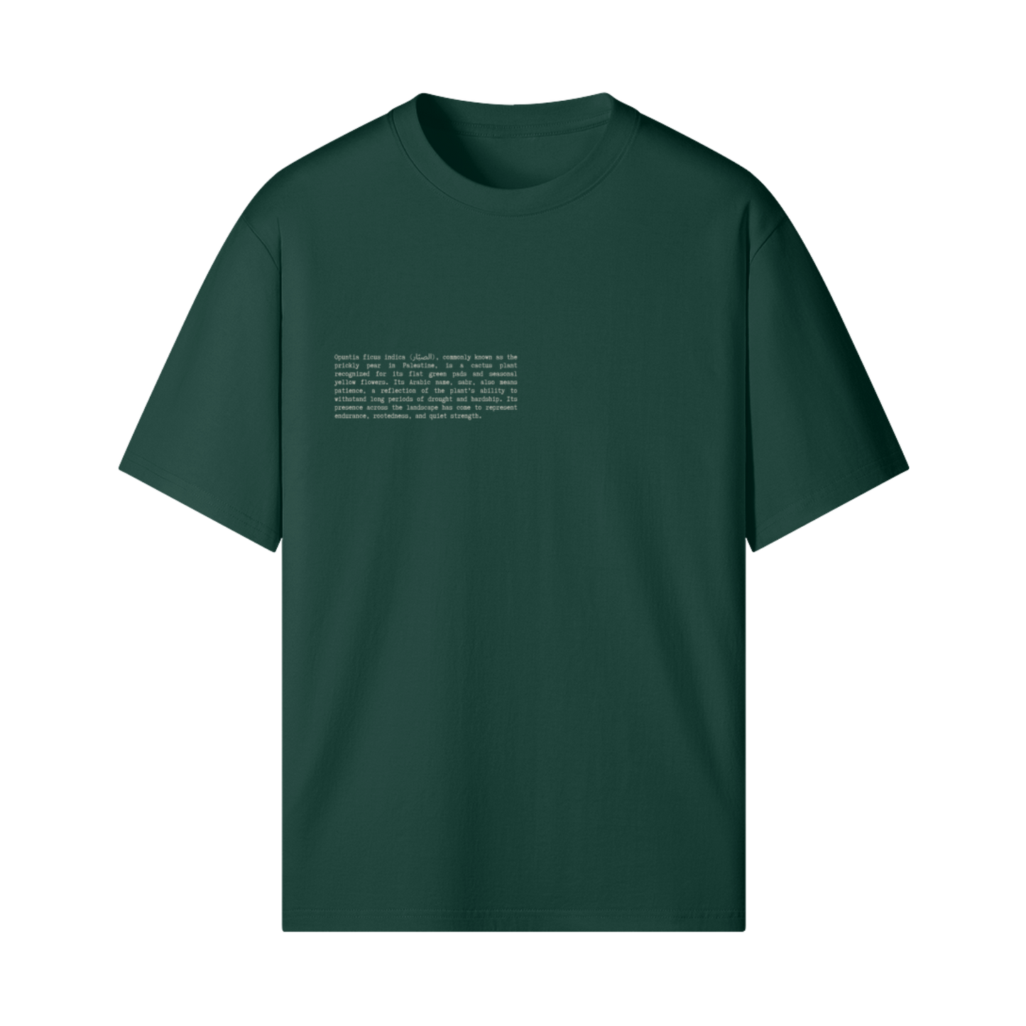 Front view of green Cactus Flower T-Shirt featuring text description of Palestinian historical botanical Opuntia ficus-indica (الصبّار) - the sabr cactus