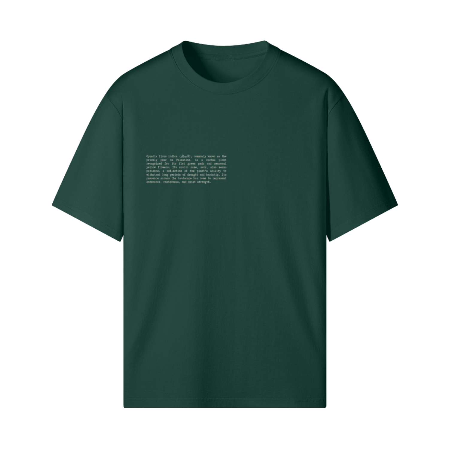 Front view of green Cactus Flower T-Shirt featuring text description of Palestinian historical botanical Opuntia ficus-indica (الصبّار) - the sabr cactus