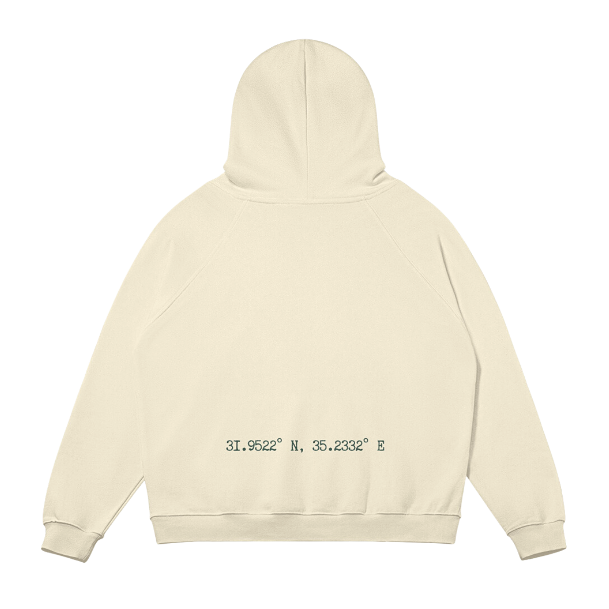 Mockup of Back view of a sand-colored hoodie featuring embroidered geographical coordinates, 31.9522° N, 35.2332° E, representing the location of Palestine.