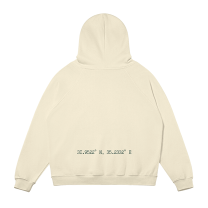 Mockup of Back view of a sand-colored hoodie featuring embroidered geographical coordinates, 31.9522° N, 35.2332° E, representing the location of Palestine.