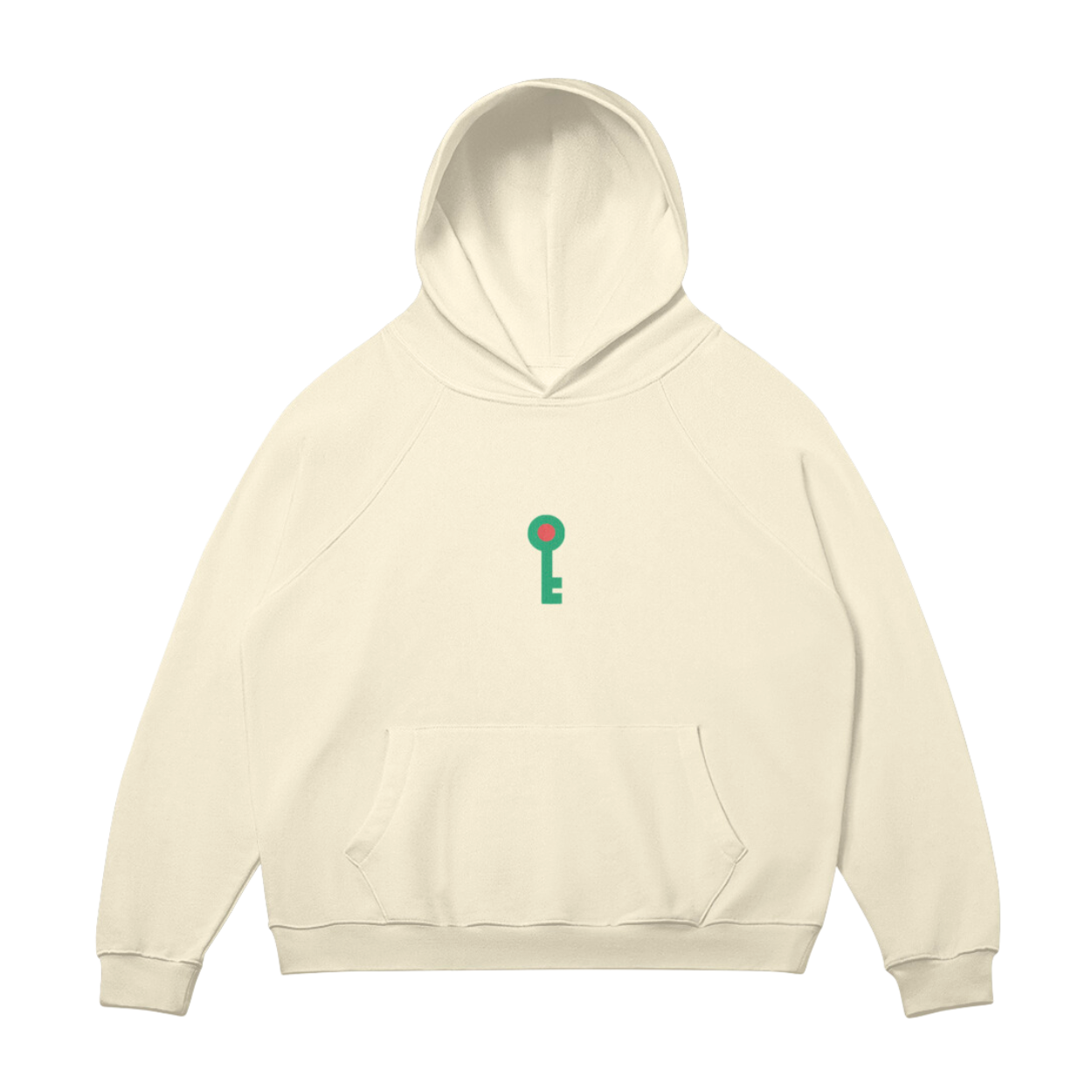 Mockup of front of Sand-colored hoodie featuring an embroidered green key logo with a red center, representing Palestinian heritage and the Key of Return.