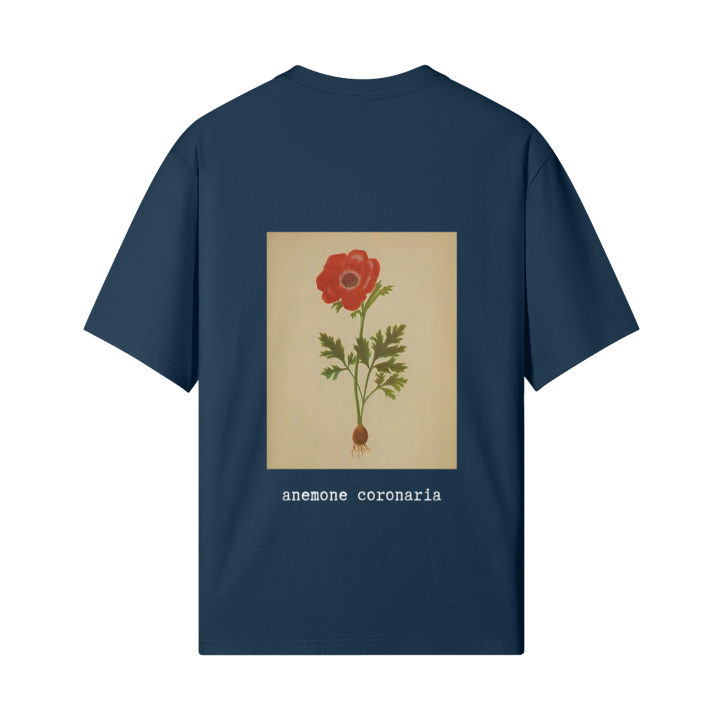 Navy blue t-shirt with a botanical illustration of a red flower on the back