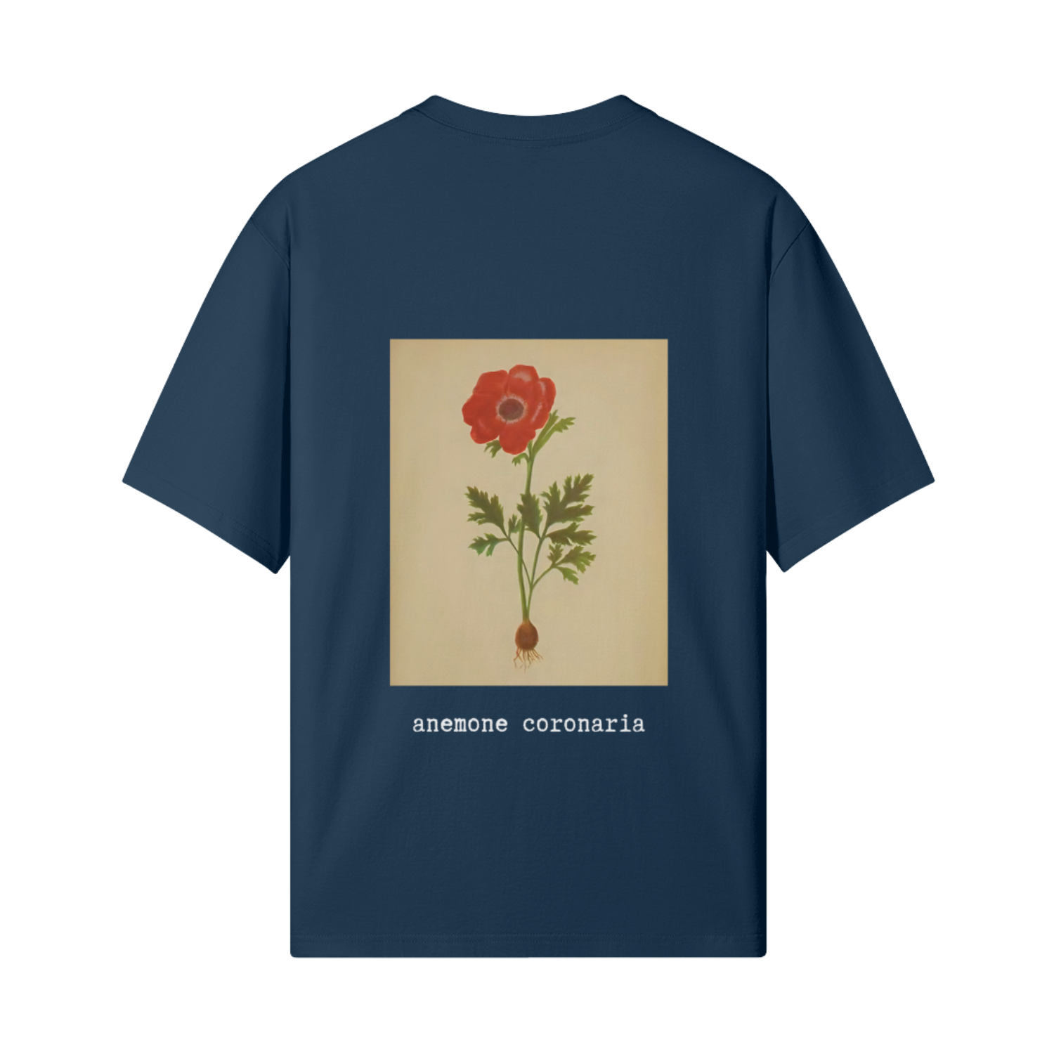 Navy blue t-shirt with a botanical illustration of a red flower on the back