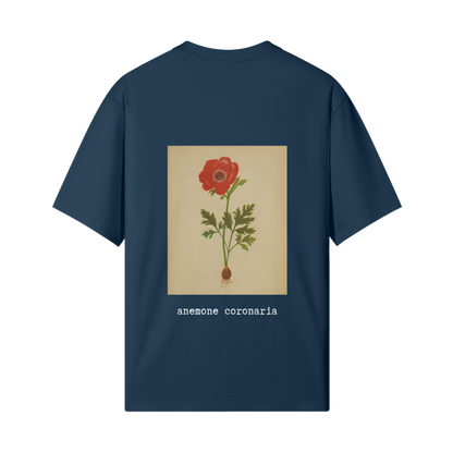 Navy blue t-shirt with a botanical illustration of a red flower on the back