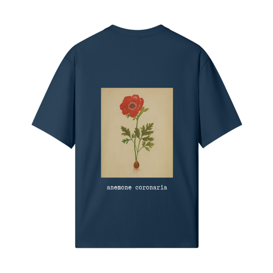 Navy blue t-shirt with a botanical illustration of a red flower on the back