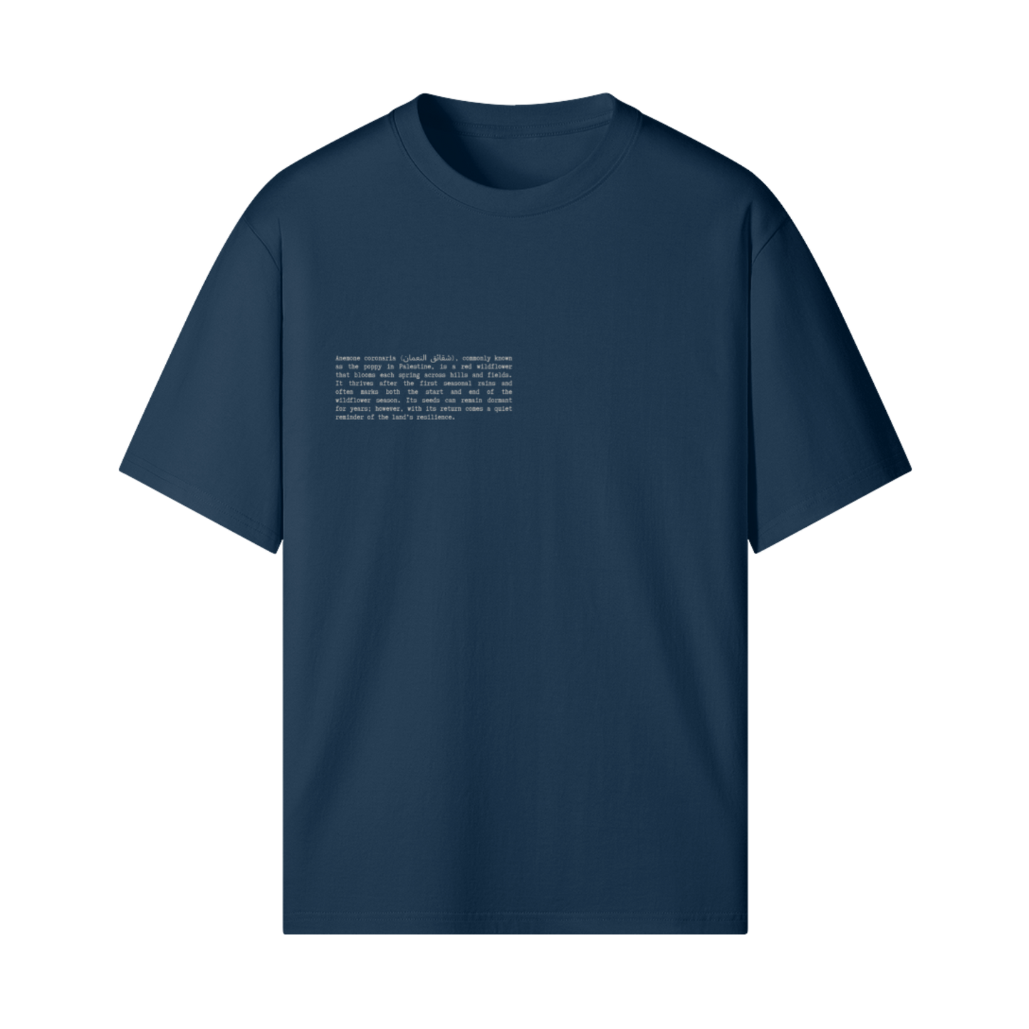 Navy blue t-shirt with text on a white background