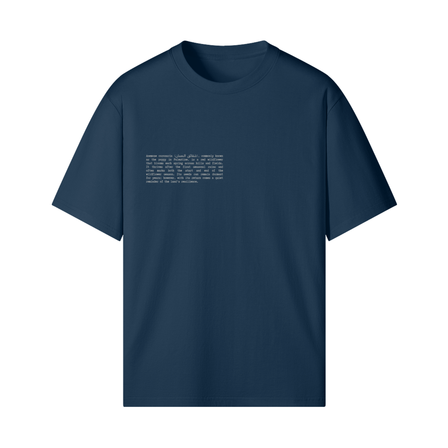 Navy blue t-shirt with text on a white background