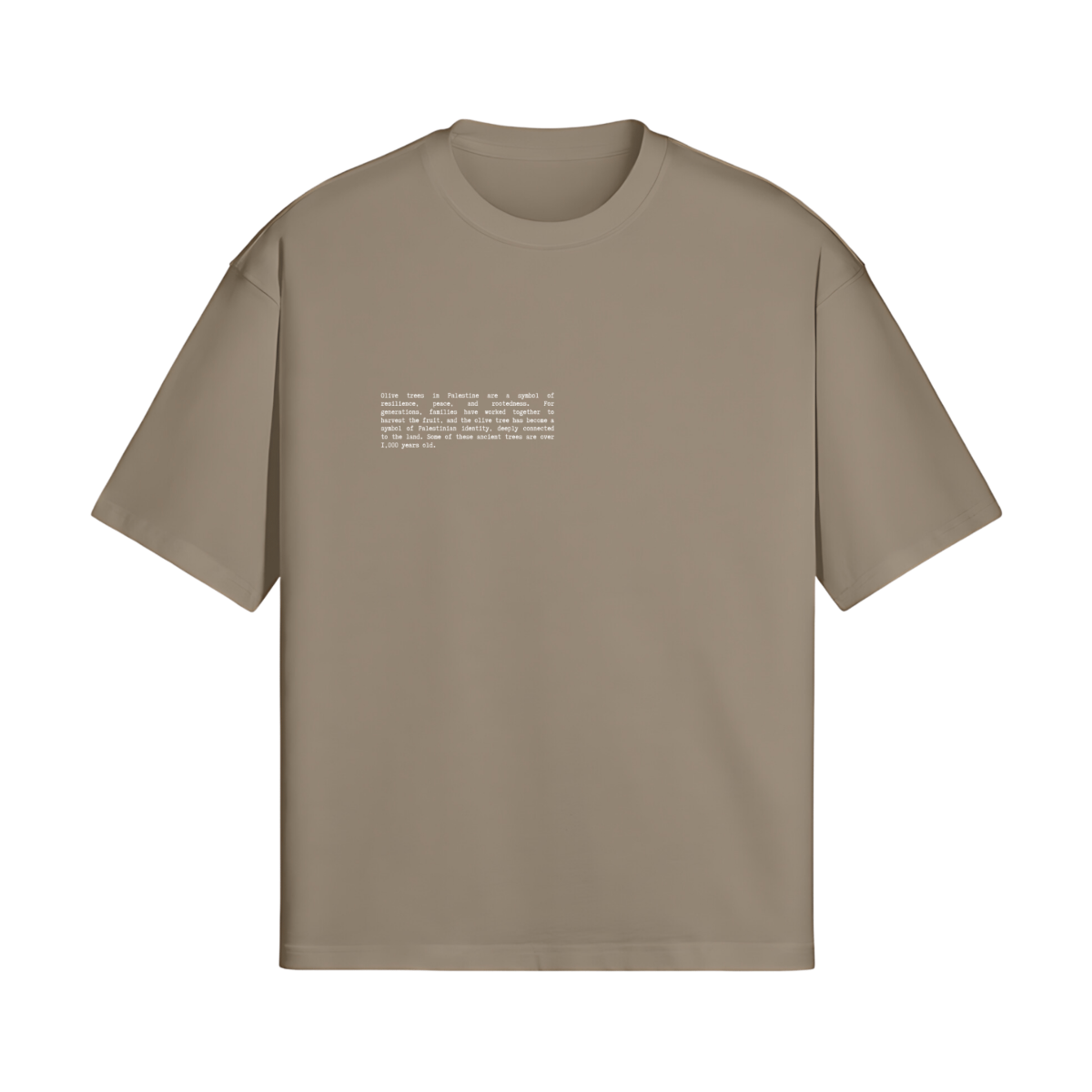 A mockup image of the front of the Heritage Olive Tree T-Shirt in Coffee from FALASTIN, featuring small text centered on the chest that explains the cultural and historical significance of the Palestinian olive tree. The t-shirt is displayed on a transparent background for clear visibility.