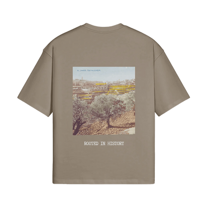 A mockup image of the Heritage Olive Tree T-Shirt from FALASTIN in Coffee
, showcasing the back design featuring a vibrant illustration of a Palestinian olive tree with the words ‘Rooted in History.’ The image is set against a transparent background to highlight the details of the design.